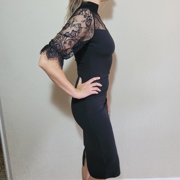 Shein Black Midi Dress Small Half Sleeve Lace Pencil Straight Mock Neck - Picture 3 of 6